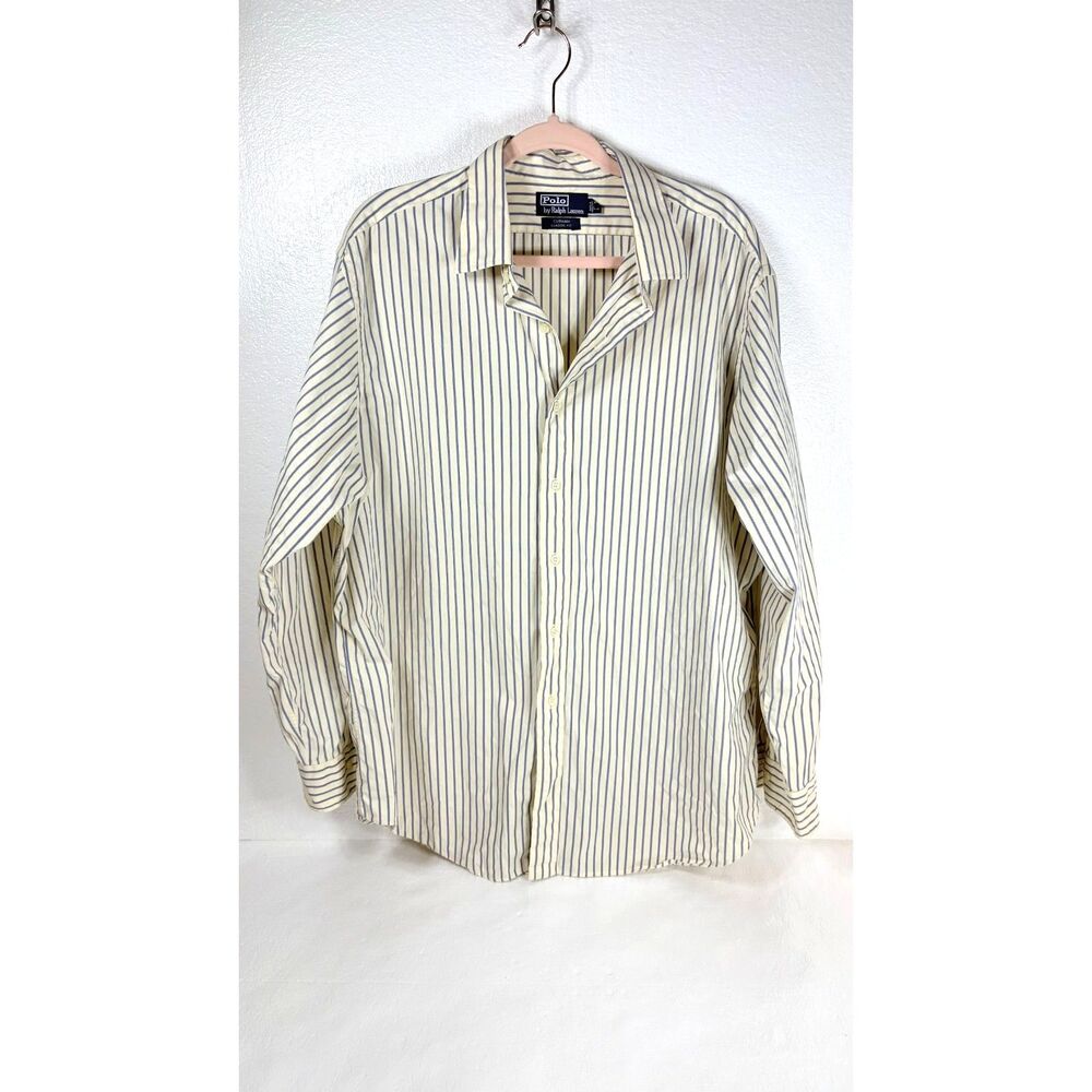 Vintage Polo Ralph Lauren Curham Button Up Shirt Striped Ivory/Blue Sz 17.5